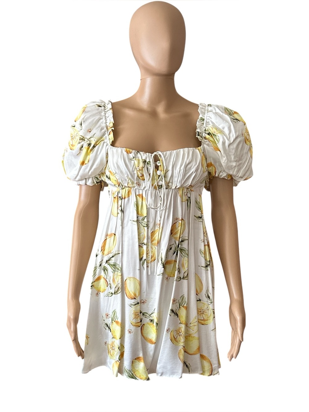 FOR LOVE & LEMONS Seraphina Lemon Print Puff Sleeve Satin Mini Dress XS